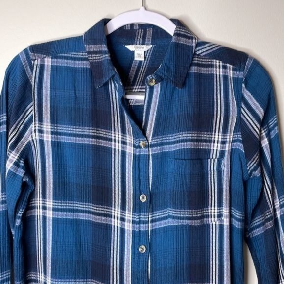 Sonoma Size XS Blue White Plaid Knit Soft Slouchy Western Rodeo Button Down - Picture 2 of 11